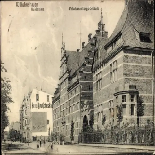 Ak Wilhelmshaven an der Nordsee,  Waldstrasse, Polizeiverwaltungs-Gebäude, Hotel Deutsches Haus
