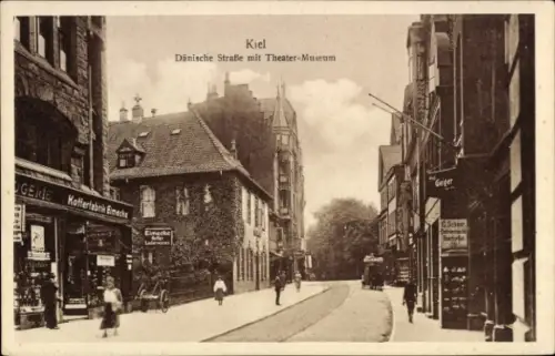 Ak Kiel, Dänische Straße, Theater-Museum, Geschäfte,  Gebäude