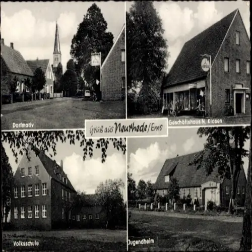 Ak Neurhede Rhede im Emsland, Dorfmotiv, Geschäftshaus N. Klasen, Volksschule, Jugendheim