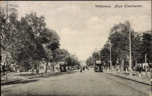 Ak Warszawa Warschau Polen, aufnahme, Straßenansicht, Straßenbahn, Bäume, Gebäude im Hintergrund