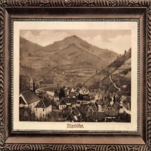 Ak Ottenhöfen im Schwarzwald, Landschaftsauschnitt, Berge, Häusergruppe, Kirche, sepia Farbton