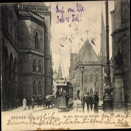 Ak Schnoor Bremen, Blick auf den Marktplatz, Am Dom, Straßenbahn,  Architektur