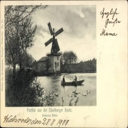 Ak Walsrode in der Lüneburger Heide, Windmühle, Flusslandschaft, Menschen im Boot, Enten im Wasse