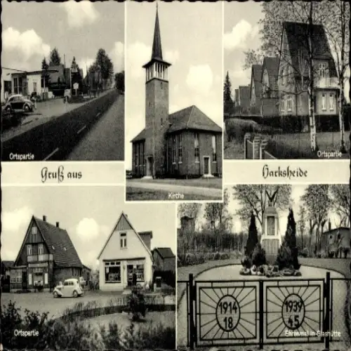 Ak Harksheide Norderstedt Schleswig-Holstein, Schwarz-Weiß-Fotocollage, Kirche, Ortspartien, Ehre