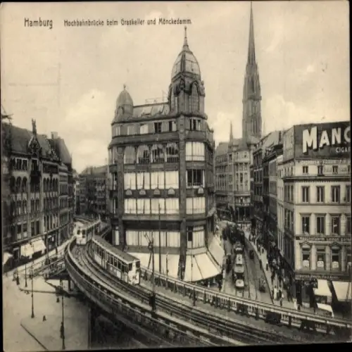 Ak Hamburg Mitte Altstadt, Hochbahnbrücke, Graskeller, Mönckedamm,  Architektur, Stadtansicht