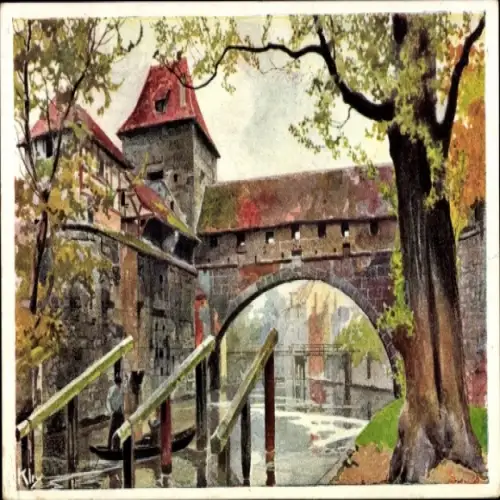 Ak Nürnberg, Bayerische Jubiläums Landesausstellung 1906, Malerei, Wasser, Brücke,  Gebäude, Bäum