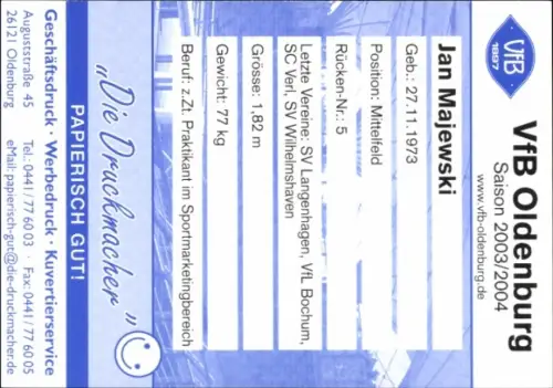 Autogrammkarte Fußballer Jan Majewski, VFB Oldenburg, Autogramm