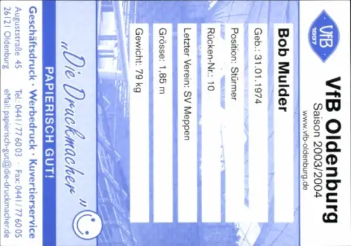 Autogrammkarte Fußballer Bob Mulder, VFB Oldenburg, Autogramm