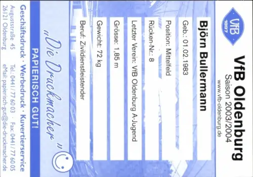 Autogrammkarte Fußballer Björn Bullermann, VFB Oldenburg, Autogramm