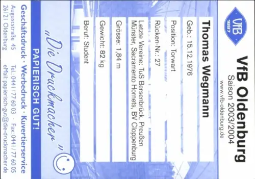 Autogrammkarte Thomas Wegmann, VFB Oldenburg, Autogramm