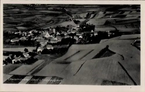 Ak Chammünster Cham Oberpfalz, Luftaufnahme von  Felder und Gebäude, postale Rückseite