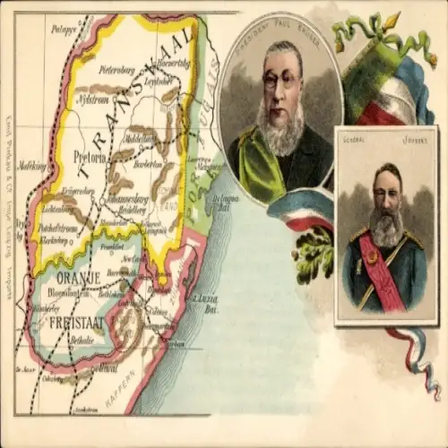 Landkarten Litho Transvaal Südafrika, Oranje Freistaat, President Paul Krüger, General Joubert