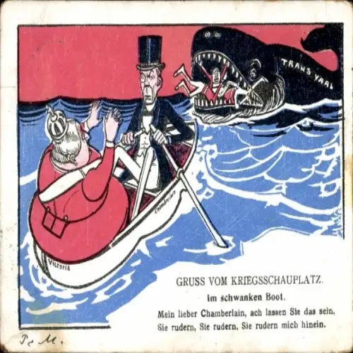 Ak Gruß vom Kriegsschauplatz, Burenkrieg, Transvaal, Königin Victoria, Chamberlain, Ruderboot