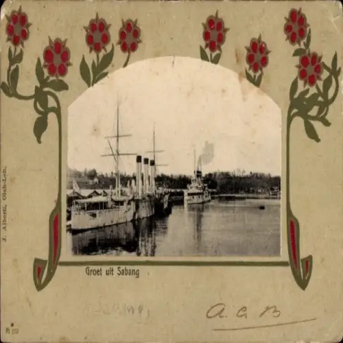 Jugendstil Passepartout Ak Sabang Indonesien, Kriegsschiffe im Hafen