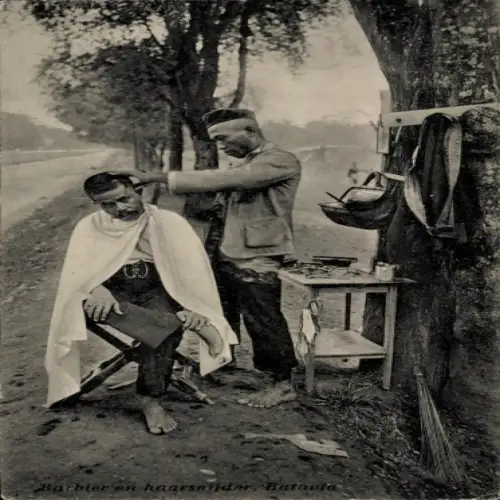 Ak Batavia Jakarta Java Indonesien, Barbier und Haarschneider bei der Arbeit am Straßenrand