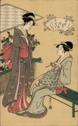 Künstler Ak Zwei japanische Frauen in Kimonos