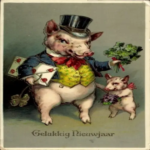 Präge Ak Fröhliches Neujahr, vermenschlichte Schweine mit Klee, Brief und Blumen