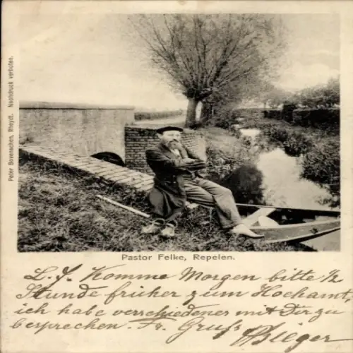 Ak Repelen Moers, Portrait von Paster Felke am Bach