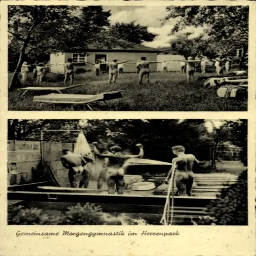 Ak Kettwig Essen im Ruhrgebiet, Stadtwald-Sanatorium Jungborn, Morgengymnastik im Heerenpark