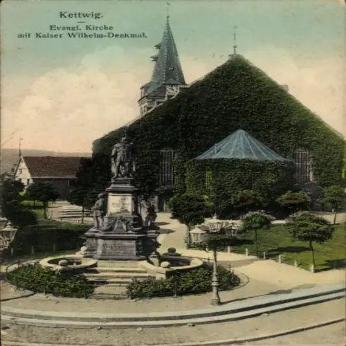 Ak Kettwig Essen im Ruhrgebiet, Evangelische Kirche, Kaiser Wilhelm-Denkmal