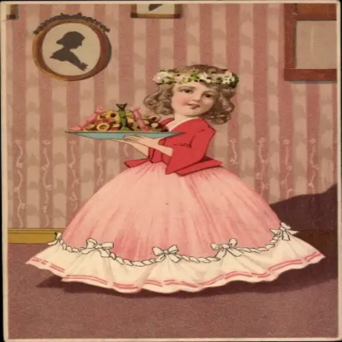 Präge Ak Mädchen in pinkem Kleid, Geschenk, Portrait