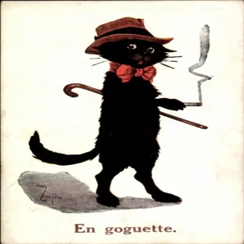 Künstler Ak Carter, R., Schwarze Katze rauchend, Gehstock, Hut
