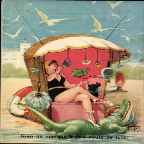 Künstler Ak Thiele, A., Frau in schwarzem Badeanzug, Strandkorb, Krokodil