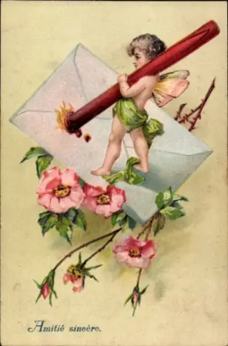 Präge Ak Engel mit Siegelwachs, Briefumschlag, Rosen