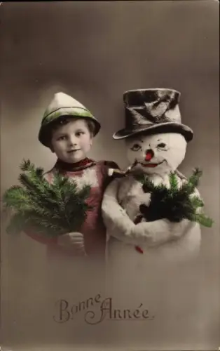 Ak Fröhliches Neujahr, Kind und Schneemann, Tannenzweige