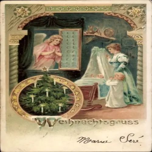 Litho Frohe Weihnachten, Engel am Fenster, Tannenbaum, Mutter mit Kindern, betend