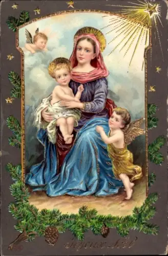 Präge Ak Frohe Weihnachten, Maria mit Jesuskind, Engel