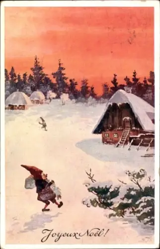 Künstler Ak Frohe Weihnachten, Zwerg, verschneites Dorf