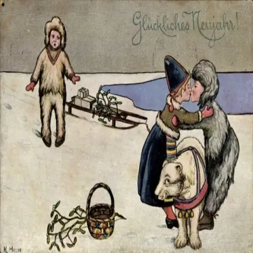 Künstler Ak Glückwunsch Neujahr, Liebespaar, Schlitten, Mistelzweige