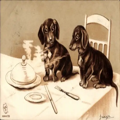 Präge Litho Zwei Dackel auf gedecktem Tisch schnüffeln am Essen