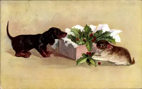 Ak Glückwunsch Weihnachten, Stechpalmenzweige, Katze, Dackel