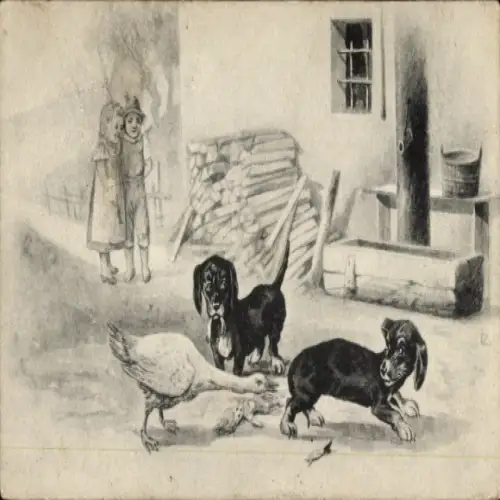 Litho Zwei Dackel und Gans, Kinder, Bauernhof