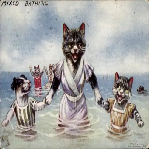 Künstler Ak Vermenschlichte Katzen und Hund beim Baden, Humor