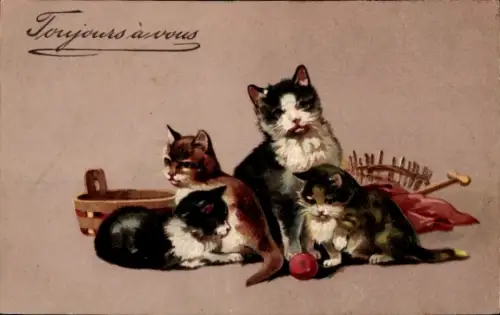 Präge Ak Katzenfamilie, Kätzchen, Apfel