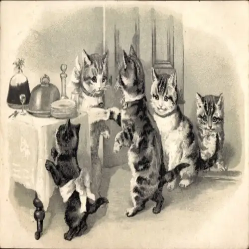 Präge Künstler Ak Katzen zu Tisch