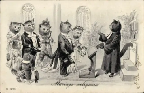 Präge Litho Vermenschlichte Katzen, Trauung, Gäste, Brautpaar