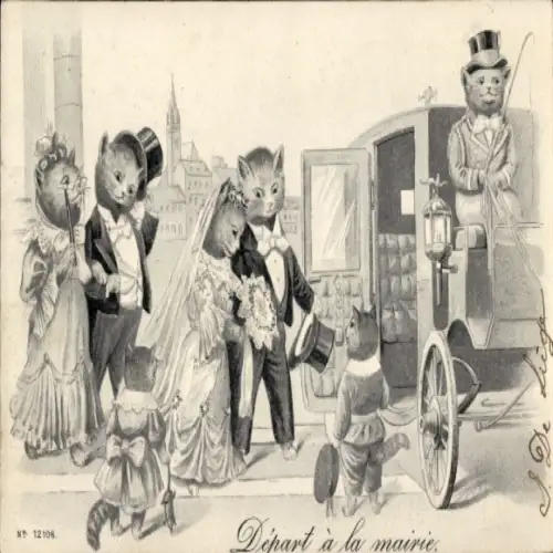 Präge Litho Vermenschlichte Katzen, Trauung, Brautpaar, Kutsche