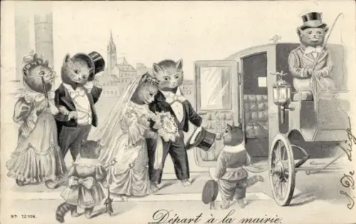 Präge Litho Vermenschlichte Katzen, Trauung, Brautpaar, Kutsche