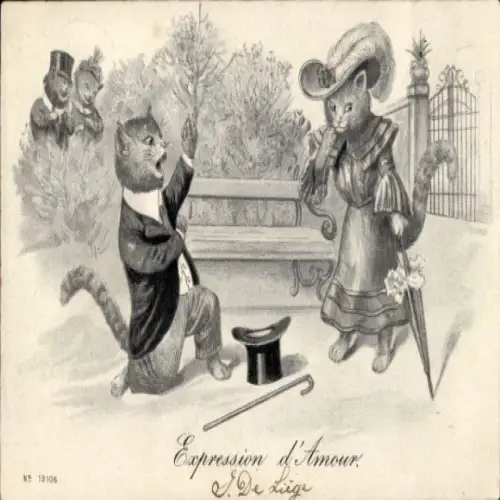Präge Litho Vermenschlichte Katzen, Liebespaar, Heiratsantrag