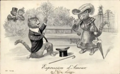 Präge Litho Vermenschlichte Katzen, Liebespaar, Heiratsantrag