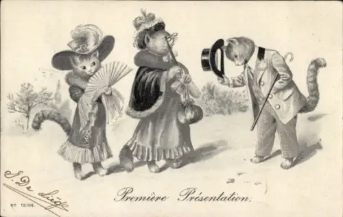 Präge Litho Vermenschlichte Katzen,