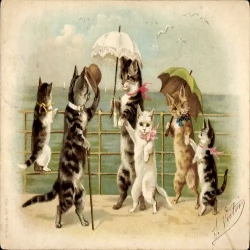 Künstler Ak Katzen, Sonnenschirm, Reling