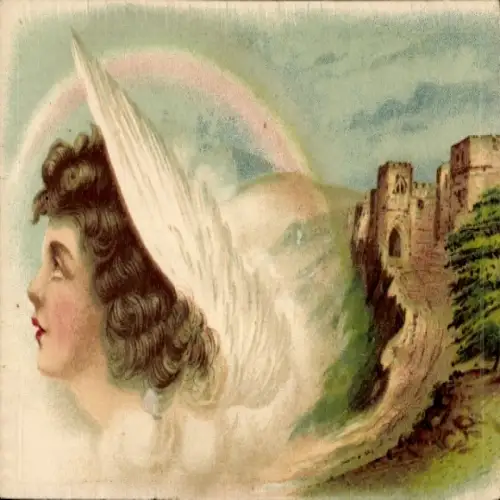 Litho Frau, Gemaltes Porträt, Flügel, Burg
