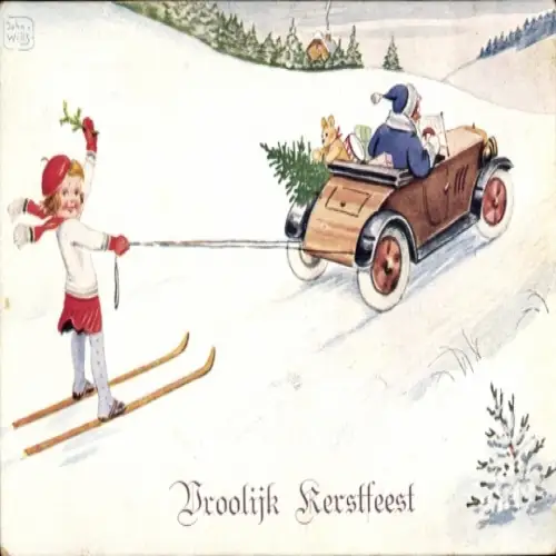 Künstler Ak Wills, John, Frohe Weihnachten, Weihnachtsmann, Auto, Ski, Geschenke, Tannenbaum
