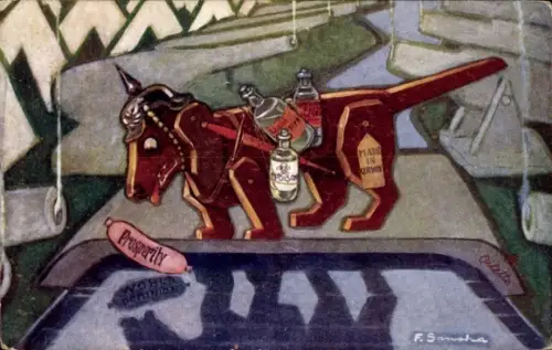Künstler Ak De Hond en zijn schaduw, Dackel, Kanonen, Allegorie Deutsches Reich, Fabel, Karikatur
