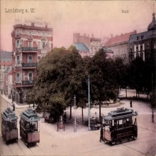 Ak Gorzów Wielkopolski Landsberg an der Warthe Ostbrandenburg, Markt, Straßenbahnen